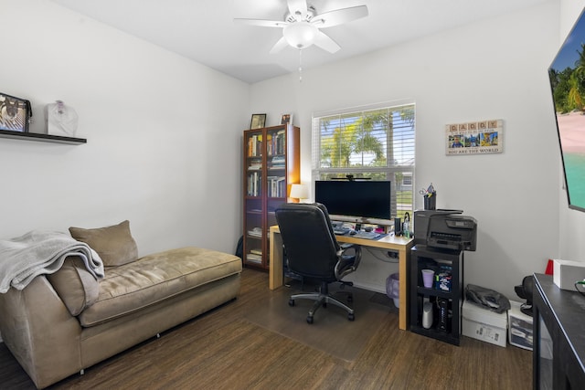 home office featuring wood finished floors and ceiling fan