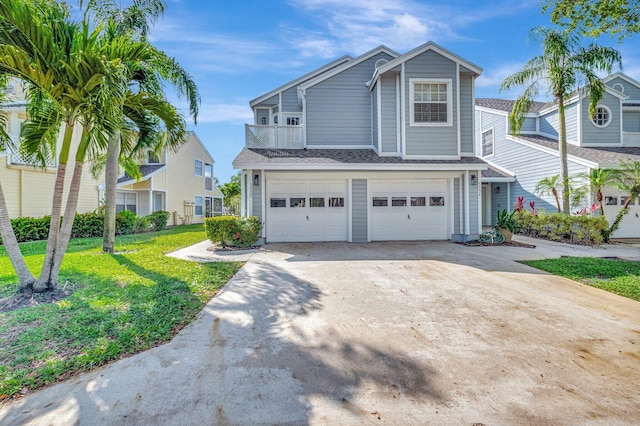 view of front of home featuring concrete driveway, an attached garage, a shingled roof, and a front lawn