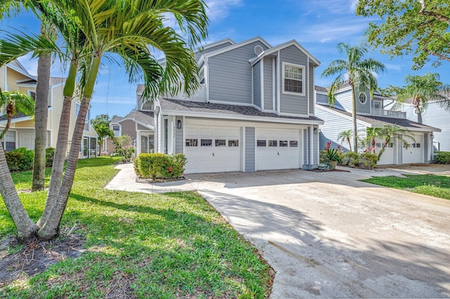 view of front facade with concrete driveway, a garage, and a front lawn