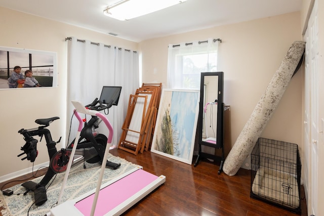 workout room featuring wood finished floors