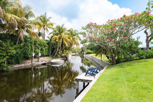 dock area featuring a water view and a lawn