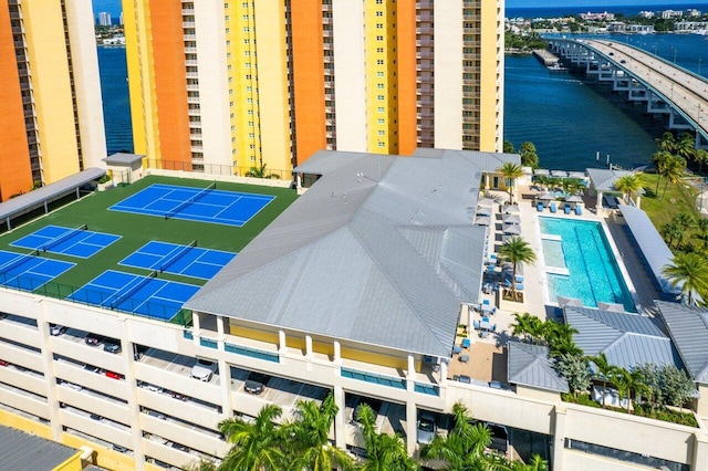 2640 Lake Shore Dr Unit 614, Riviera Beach, FL 33404 - bird's eye view of a notable bridge, a nearby body of water, and a pool