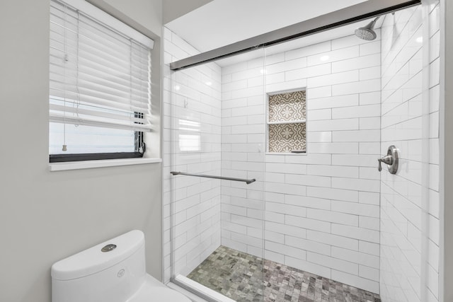 bathroom featuring toilet and a shower stall