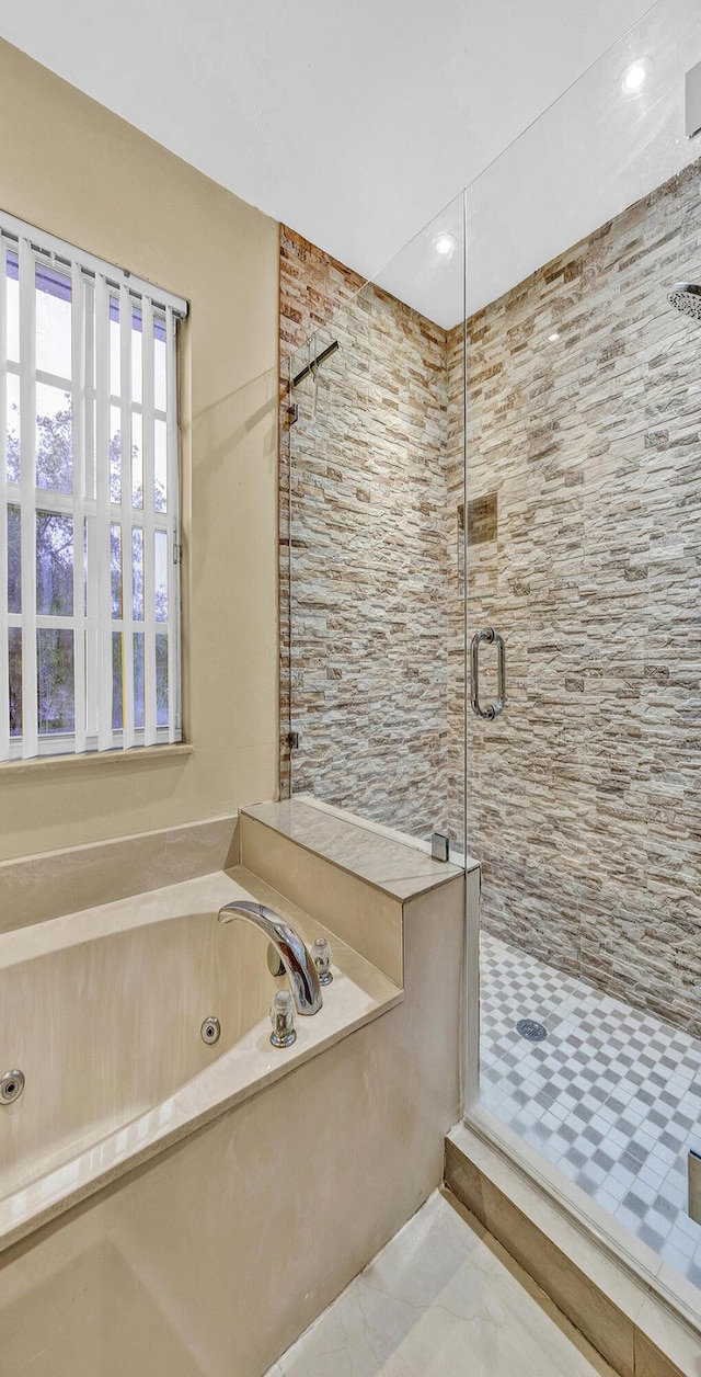 full bathroom with a bath, a shower stall, and recessed lighting