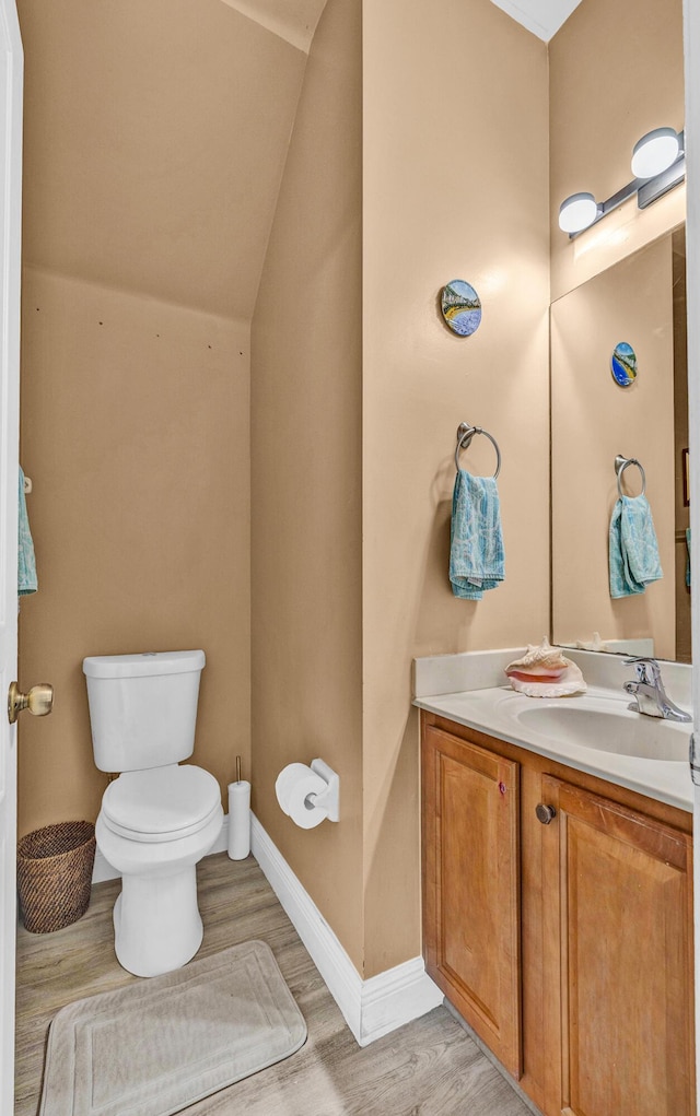 bathroom with toilet, vanity, and wood finished floors