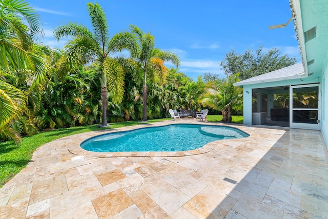 swimming pool with a sunroom and a patio area
