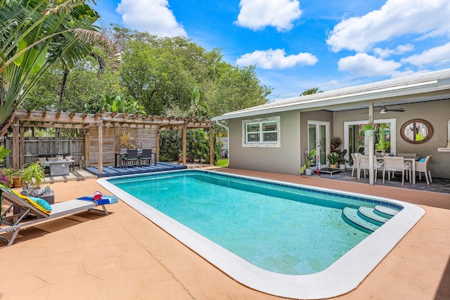 1707 NW 38th St, Oakland Park, FL 33309 - view of pool featuring a pergola, outdoor dining area, a patio, fence, and a ceiling fan