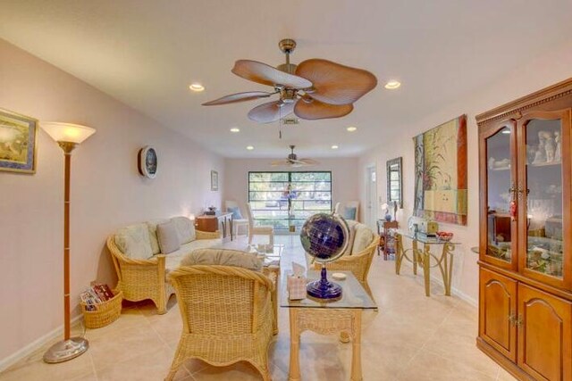 4728 Finchwood Rd Unit B, Boynton Beach, FL 33436 - living room featuring ceiling fan, recessed lighting, light tile patterned floors, and baseboards