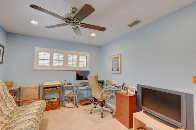 4728 Finchwood Rd Unit B, Boynton Beach, FL 33436 - home office featuring a ceiling fan, recessed lighting, and light tile patterned floors