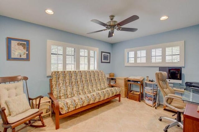 4728 Finchwood Rd Unit B, Boynton Beach, FL 33436 - home office featuring a ceiling fan, tile patterned floors, and recessed lighting