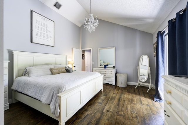 bedroom featuring a chandelier, dark wood-style floors, and high vaulted ceiling