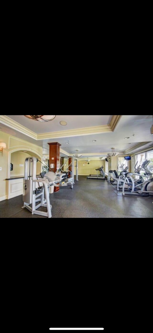 802 W Windward Way Unit 304, Lantana, FL 33462 - gym featuring ornamental molding, ornate columns, and carpet