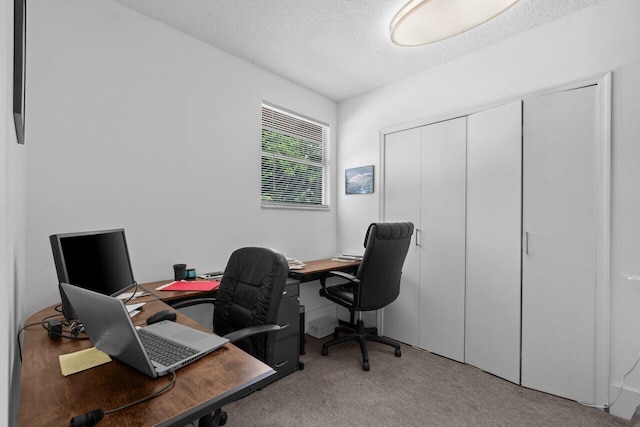 home office with carpet flooring and a textured ceiling