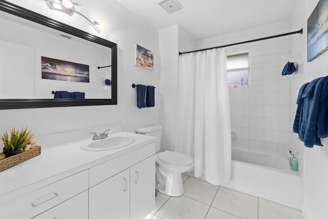 full bathroom featuring toilet, vanity, tile patterned floors, and shower / bathtub combination with curtain