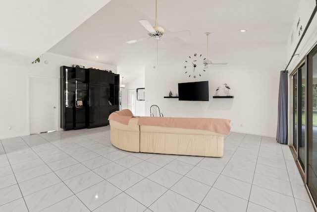 living area featuring a ceiling fan, lofted ceiling, light tile patterned flooring, and recessed lighting