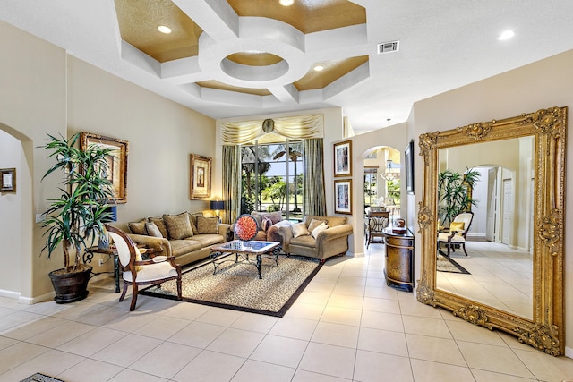 1815 Waldorf Dr, Royal Palm Beach, FL 33411 - living area with arched walkways, coffered ceiling, recessed lighting, light tile patterned floors, and a towering ceiling