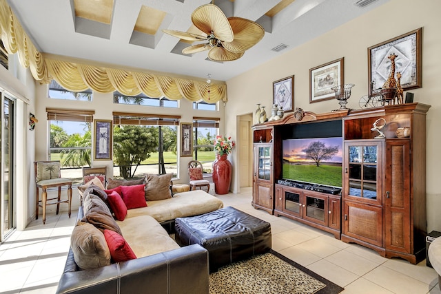 1815 Waldorf Dr, Royal Palm Beach, FL 33411 - tiled living room featuring ceiling fan and a towering ceiling