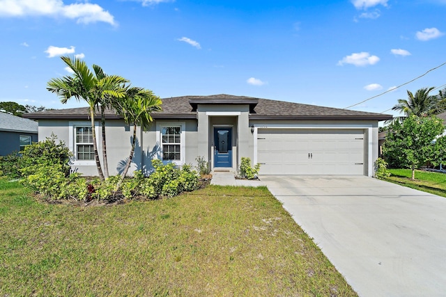 view of front of home featuring stucco siding, a garage, a front lawn, driveway, and a shingled roof
