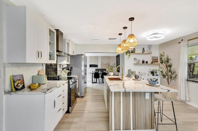 115 W 31st Ct, Riviera Beach, FL 33404 - kitchen with visible vents, a sink, open shelves, electric stove, and wall chimney range hood