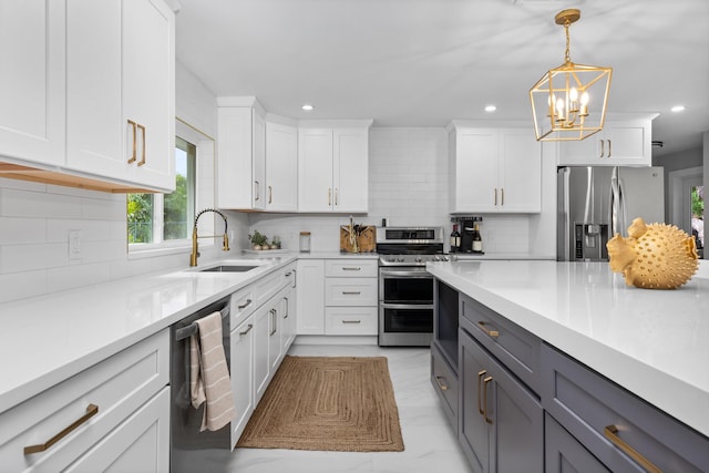 2500 NE 23rd St, Pompano Beach, FL 33062 - kitchen with a sink, stainless steel appliances, backsplash, and white cabinets