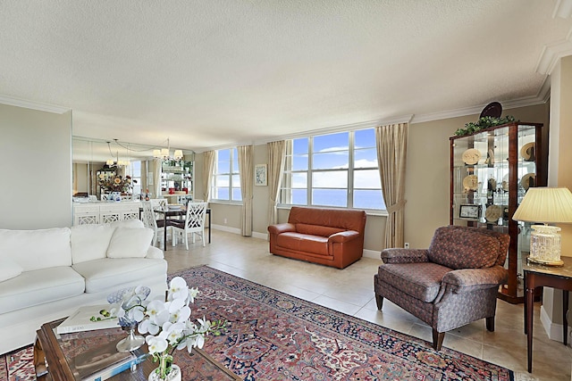 2121 N Ocean Blvd Unit 1707E, Boca Raton, FL 33431 - living area with a chandelier, light tile patterned floors, crown molding, a textured ceiling, and baseboards