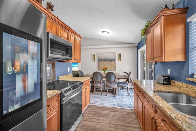 18143 42nd Rd, The Acreage, FL 33470 - kitchen with appliances with stainless steel finishes, vaulted ceiling, dark wood finished floors, brown cabinetry, and light stone counters