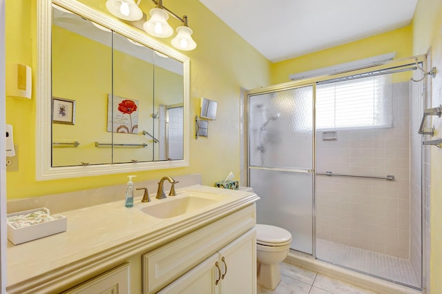 full bathroom with toilet, a stall shower, and vanity