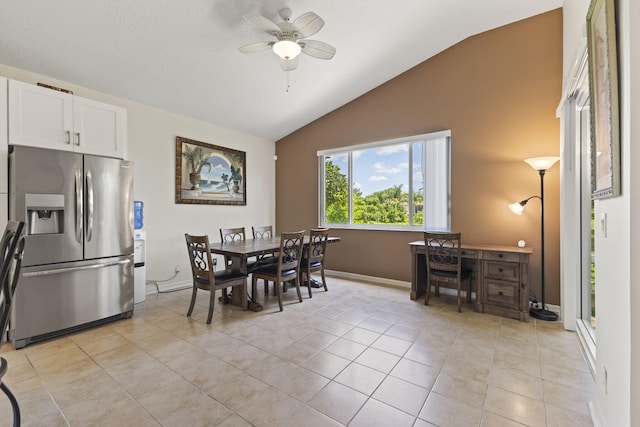 1235 SW Briarwood Dr, Port Saint Lucie, FL 34986 - dining space featuring vaulted ceiling, a ceiling fan, baseboards, and light tile patterned floors