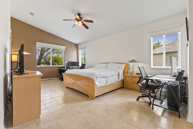1235 SW Briarwood Dr, Port Saint Lucie, FL 34986 - bedroom with lofted ceiling, light tile patterned flooring, an office area, and a ceiling fan