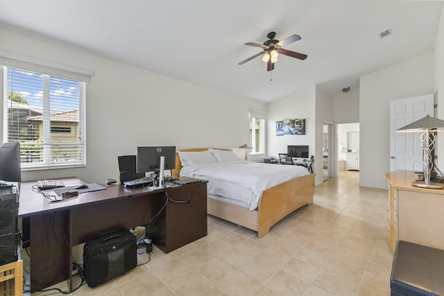 1235 SW Briarwood Dr, Port Saint Lucie, FL 34986 - bedroom with vaulted ceiling, multiple windows, an office area, light tile patterned flooring, and ceiling fan