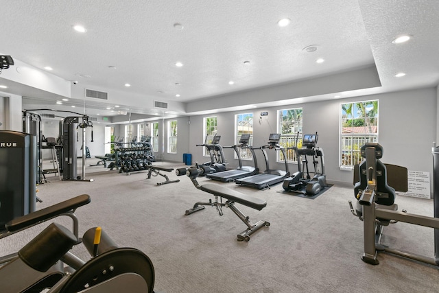 111 Tullamore Ave, Jupiter, FL 33458 - workout area with recessed lighting, a textured ceiling, plenty of natural light, carpet floors, and baseboards