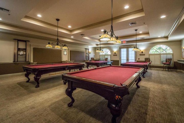 playroom with a raised ceiling, carpet floors, billiards table, baseboards, and recessed lighting
