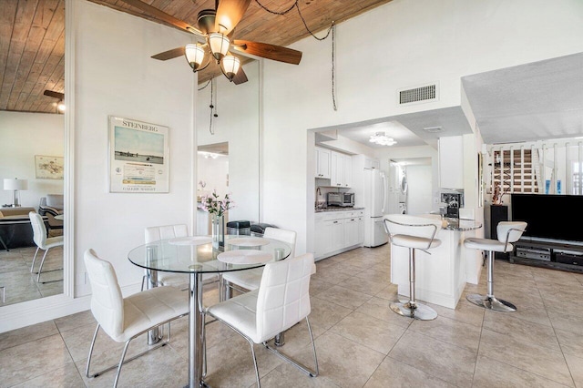 dining room featuring wooden ceiling, a ceiling fan, high vaulted ceiling, and light tile patterned floors