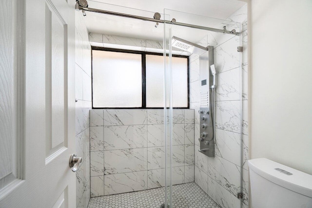 bathroom featuring toilet and a shower stall