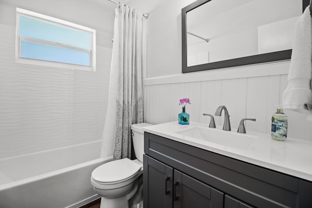764 Westwind Dr, North Palm Beach, FL 33408 - full bath with toilet, a wainscoted wall, shower / bathtub combination with curtain, and vanity