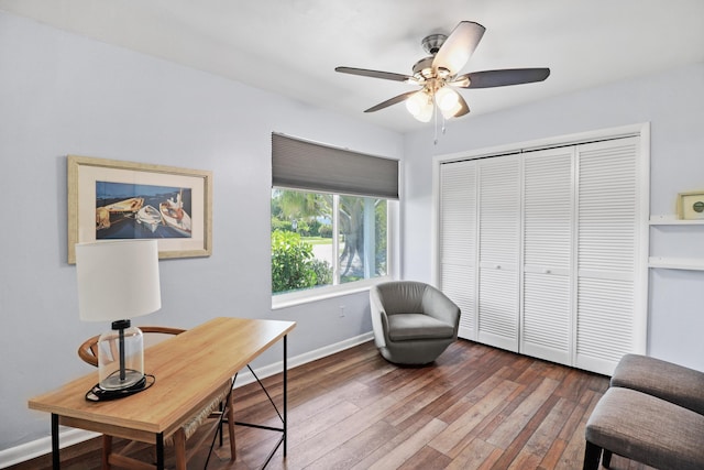 764 Westwind Dr, North Palm Beach, FL 33408 - sitting room with an office area, hardwood / wood-style flooring, a ceiling fan, and baseboards