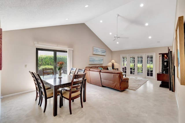 8030 Eastlake Dr Unit 10B, Boca Raton, FL 33433 - dining area with high vaulted ceiling, plenty of natural light, a ceiling fan, recessed lighting, and french doors