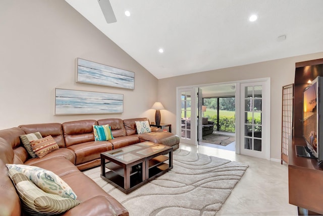 8030 Eastlake Dr Unit 10B, Boca Raton, FL 33433 - living area featuring recessed lighting, french doors, lofted ceiling, and a ceiling fan