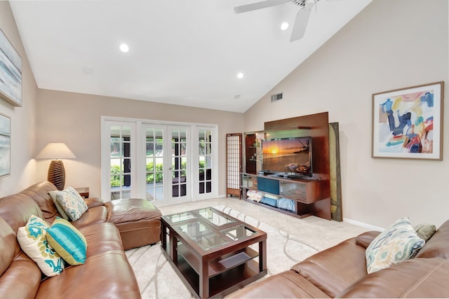 8030 Eastlake Dr Unit 10B, Boca Raton, FL 33433 - carpeted living area with baseboards, recessed lighting, a ceiling fan, high vaulted ceiling, and french doors