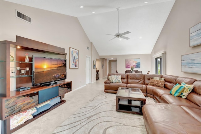 8030 Eastlake Dr Unit 10B, Boca Raton, FL 33433 - living room featuring high vaulted ceiling, a ceiling fan, baseboards, recessed lighting, and tile patterned floors