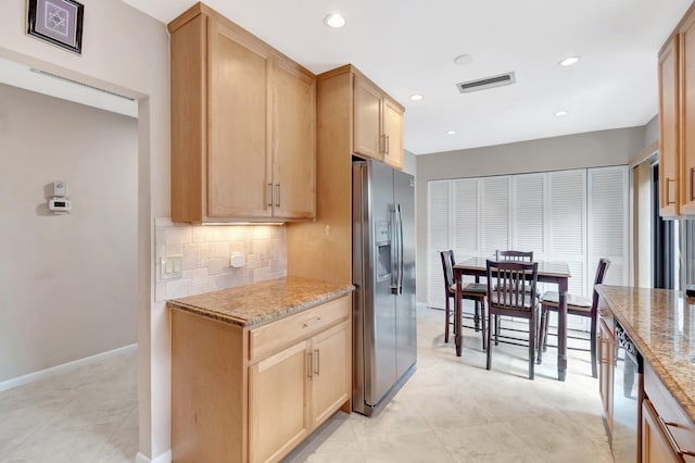 8030 Eastlake Dr Unit 10B, Boca Raton, FL 33433 - kitchen with stainless steel appliances, light brown cabinets, tasteful backsplash, light stone countertops, and recessed lighting