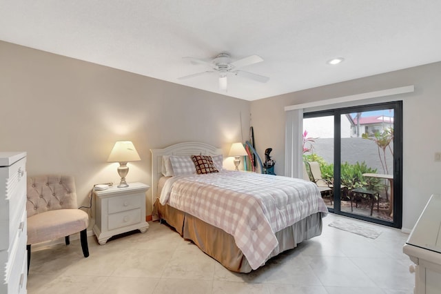 8030 Eastlake Dr Unit 10B, Boca Raton, FL 33433 - bedroom with access to outside, ceiling fan, recessed lighting, light tile patterned flooring, and baseboards