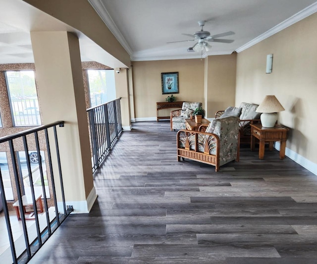 9235 SW 8th St Unit 402, Boca Raton, FL 33428 - living room featuring ceiling fan, wood finished floors, baseboards, and ornamental molding