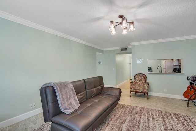 11500 NW 42nd St Unit 1-4, Coral Springs, FL 33065 - living room featuring ornamental molding, a chandelier, baseboards, and a textured ceiling