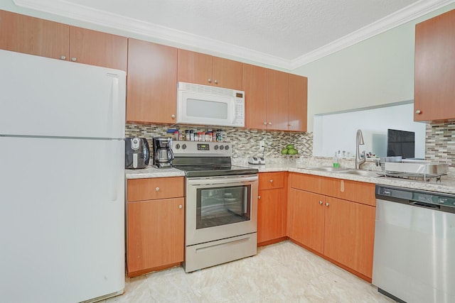 11500 NW 42nd St Unit 1-4, Coral Springs, FL 33065 - kitchen featuring stainless steel appliances, a sink, light countertops, decorative backsplash, and crown molding