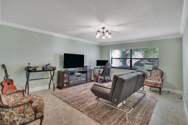 11500 NW 42nd St Unit 1-4, Coral Springs, FL 33065 - living room featuring a chandelier, baseboards, ornamental molding, and a textured ceiling