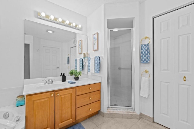 bathroom featuring tile patterned floors, a shower stall, vanity, and a tub to relax in