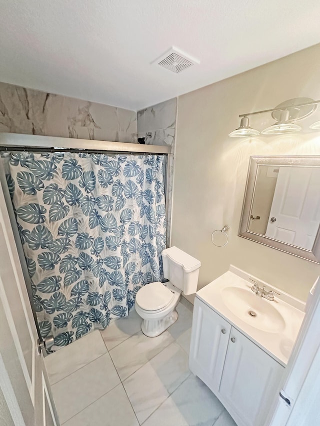 3946 A St, Palm Springs, FL 33461 - bathroom featuring toilet, marble finish flooring, curtained shower, and vanity