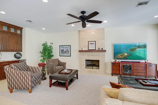 391 Glenbrook Dr, Atlantis, FL 33462 - living area with recessed lighting, light colored carpet, a premium fireplace, and a ceiling fan