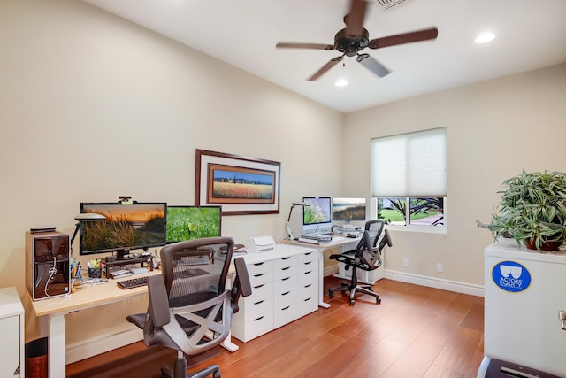 391 Glenbrook Dr, Atlantis, FL 33462 - office area with a ceiling fan, wood finished floors, recessed lighting, and baseboards